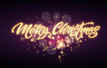 Merry Christmas neon lettering. Xmas greeting sign. Merry Christmas golden neon light isolated on black background. Xmas calligraphic text. Postcard, banner design element. Vector illustration