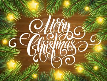 Merry Christmas handwriting script lettering. Greeting background with a Christmas tree. Vector illustration EPS10