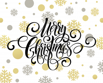 Merry Christmas handwriting script lettering. Golden, white, black Christmas greeting background with snowflakes. Vector illustration EPS10