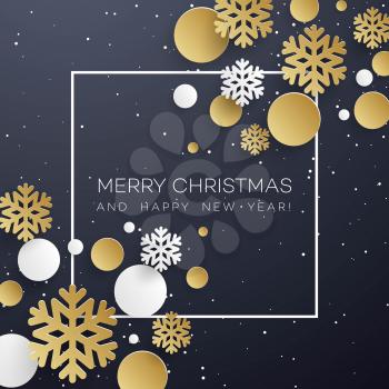 Christmas background with golden and white paper snowflakes on black. Template for postcard, booklet, leaflets, poster. Vector illustration EPS10