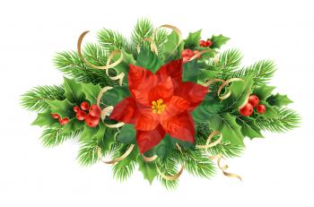 Red poinsettia flower realistic illustration. Xmas wreath in ribbons. Poinsettia flower, mistletoe, red berries, fir branches Christmas decor. Poster, banner floral design element. Isolated vector