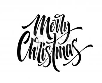 Merry Christmas hand drawn calligraphy. Xmas ink lettering. Black calligraphy on white background. Merry Christmas lettering. Banner, poster,postcard design. Isolated vector illustration