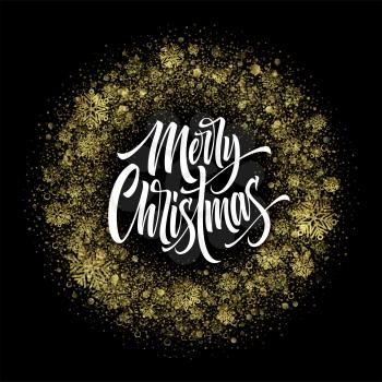 Merry Christmas lettering in glitter frame. Xmas confetti, golden dust and snowflakes round frame. Merry Christmas greeting isolated on black background. Postcard design. Vector illustration