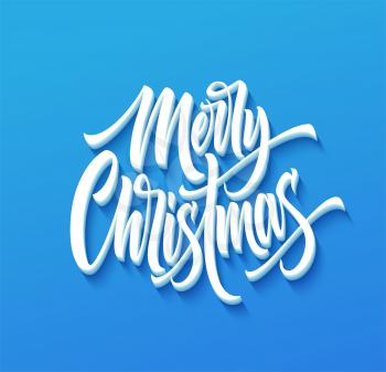 Merry Christmas drop shadow lettering. Xmas cursive calligraphy. Merry Christmas lettering on blue background. Xmas holiday greeting. Banner, poster, postcard design. Isolated vector illustration