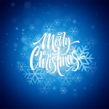 Merry Christmas hand drawn lettering. Xmas cursive calligraphy with snowflakes. Merry Christmas lettering on blue background. Xmas greeting. Banner, poster, postcard design. Isolated vector