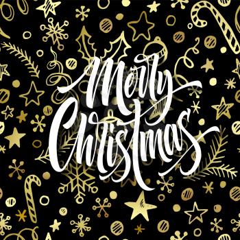 Merry Christmas hand drawn lettering. Xmas calligraphy. Christmas golden decorations and objects seamless pattern on black background. Cover, poster, postcard design. Vector illustration