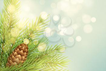 Realistic fir-tree branch with pinecone illustration. Spruce twig with bump on light background. Christmas decoration with glowing round sparks. Postcard, banner design. Isolated vector