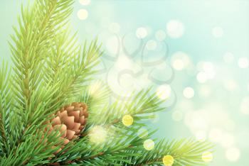 Realistic spruce branch with pinecone illustration. Fir-tree twig with bump on sparkling background. Christmas decoration with glowing lights. Postcard, banner design. Vector