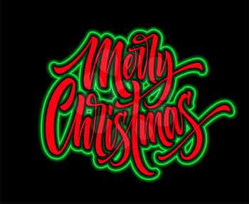 Merry Christmas hand lettering with neon outline. Xmas calligraphic greeting. Merry Christmas red lettering with green neon glowing. Banner, signboard, poster design element. Isolated vector