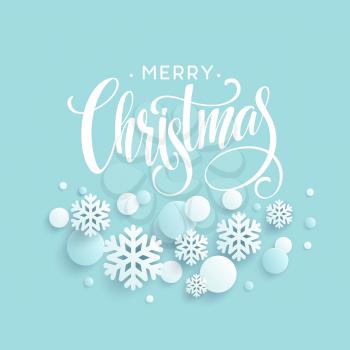Merry Christmas blue background with papercraft snowflake. Greeting lettering card. Vector illustration EPS10