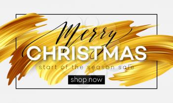 Merry Christmas lettering on a background of a gold brushstroke oil or acrylic paint. Sale design element for presentations, flyers, leaflets, postcards and posters. Vector illustration EPS10