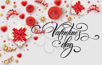 Hand drawn calligraphy lettering Happy Valentine Day. Color gift box, bows and ribbons. Vector illustration EPS10