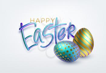 Modern trendy Golden metallic shiny typography Happy Easter on a background of easter eggs. 3D realistic lettering for the design of flyers, brochures, leaflets, posters and cards Vector illustration EPS10