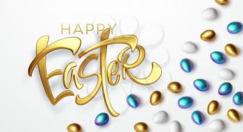 Modern trendy Golden metallic shiny typography Happy Easter on a background of easter eggs. 3D realistic lettering for the design of flyers, leaflets, posters and cards Vector illustration EPS10