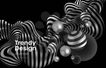 Abstract background with realistic blackand silver bubblesdynamic 3d spheres. Modern trendy banner or poster design. Vector illustration EPS10