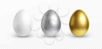 Set of different 3D realistic, shiny, golden, holographic Easter eggs isolated on white background. Vector illustration EPS10