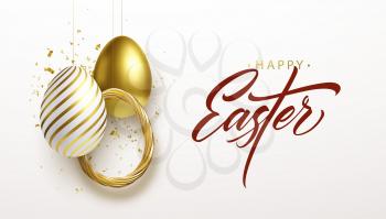 Happy Easter lettering background with 3D realistic golden glitter decorated eggs, confetti. Vector illustration EPS10