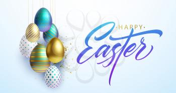 Happy Easter lettering background with 3D realistic gold, white and blue shiny decorated eggs, confetti. Vector illustration EPS10