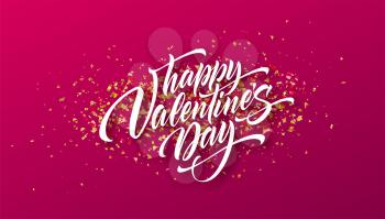 Calligraphic lettering Happy Valentines day on a background of golden confetti. Vector illustration EPS10