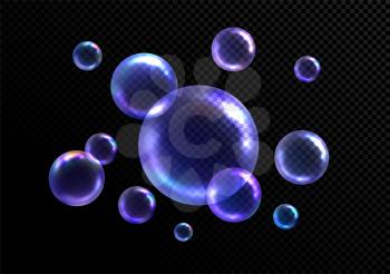 Realistic soap bubbles isolated on black transparent background. Vector illustration EPS10