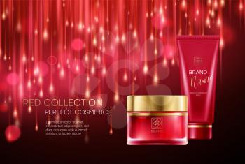 Cosmetics products with luxury collection composition on red blurred bokeh background. Vector illustration EPS10