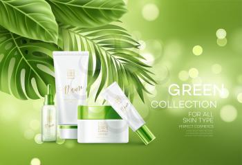 Cosmetics on green bokeh background with tropical palm leaves. Face cosmetics, body care banner, flyer template design. Vector illustration EPS10