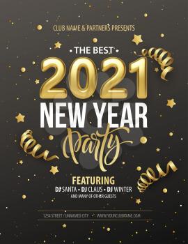 New Year party typography poster with 2021 gold realistic inscription, gift bow, golden tinsel and golden confetti on a black background. Vector illustration EPS10