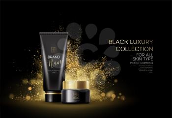 Cosmetics products with luxury collection composition on black blurred bokeh background with golden glitter dust. Vector illustrationEPS10