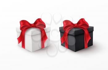 White and Black gift box with red silk bow isolated on a white background. Vector illustration EPS10