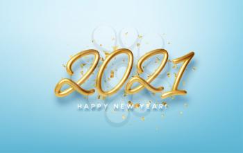 Realistic 3d inscription 2021 with golden confetti isolated on blue background. Golden shiny lettering. Vector illustration EPS10