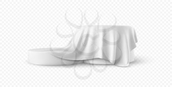 Realistic 3d round white product podium display covered fabric drapery folds isolated on white background. Vector illustration EPS10