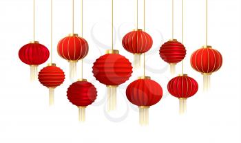 Set of realistic red gold chinese new year lanterns isolated on white background. Vector illustration EPS10