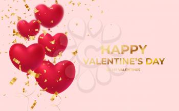 Red glittering heart shape balloons with gold glittering confetti inscription Happy Valentines Day isolated on pink backgroundVector illustration EPS10