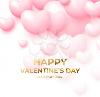 Design concept for Valentines day poster with pink and white flying balloons with golden lettering Happy Valentines Day. Vector illustration EPS10