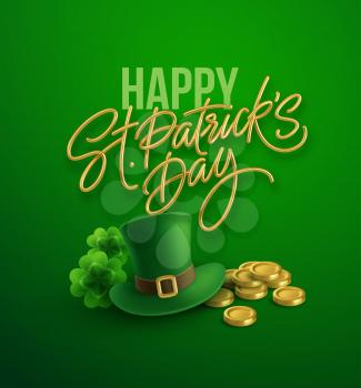 Happy St. Patricks Day greeting background for postcard, banner, poster. Leprechaun hat with clover leaves and gold coins. Vector illustration EPS10