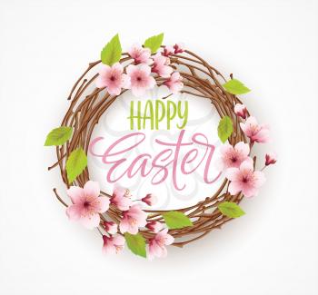 Happy Easter greeting background with wreath with spring flowers. Vector illustration EPS10