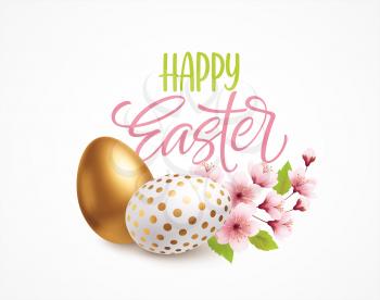 Happy easter greeting background with realistic easter eggs and spring flowers. Vector illustration EPS10