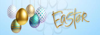 Easter greeting background with realistic golden, blue, white Easter eggs. Vector illustration EPS10