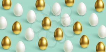Happy Easter festive blue background with gold and white Easter eggs. Vector illustration EPS10