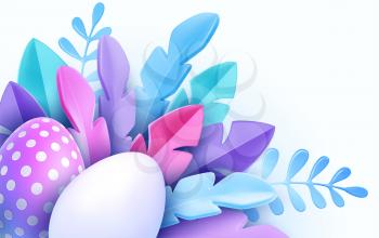 3D trendy Realistic Easter greeting card, banner with flowers, Easter eggs. Spring floral Modern 3d Easter graphic concept. Vector illustration EPS10