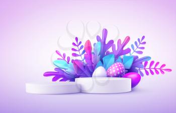 Realistic product podium with Easter eggs and fantastic tropical leaves. Product podium scene Easter design to showcase your product. Spring floral Modern Happy Easter. 3d vector illustration EPS10