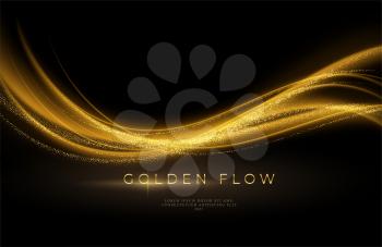 Gold wave flow and golden glitter on black background. Abstract shiny color gold wave luxury background. Luxury gold flow wallpaper. Vector illustration EPS10