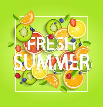 Summer background with tropical fruits and berries, square frame and the lettering fresh summer. Vector illustration.