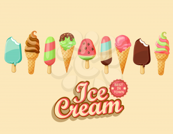 Ice cream collection of nine items, vector illustration.