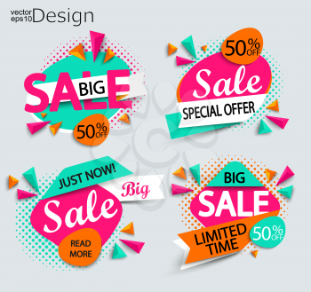 Sale - set of bright modern labels with halftone background. Sale and discounts. Vector illustration.