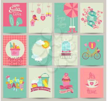 Collection of 12 Spring card templates.Spring Posters set. Vector illustration. Template for Greeting Scrapbooking, Congratulations, Invitations.