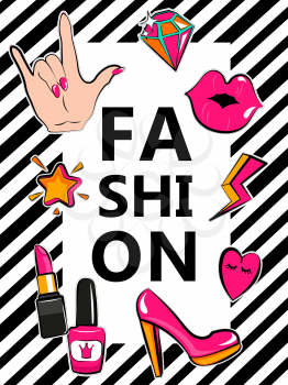 Template for fashion with stylish patch badges with lips, hearts, speech bubbles. Set of fashion stickers, icons, patches in 80s-90s comic cartoon style. Geometric background. Vector illustration.