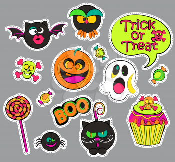 Halloween patch badges with ghost and pumpkin, candy and cat, owl and cupcake, skull and bat, speech bubbles. Set of fashion stickers, icons, pins, patches in comic cartoon style. Vector illustration.