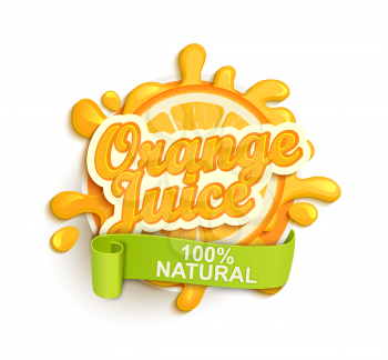 Orange juice label splash. Blot and lettering with ribbon on white background. Splash and blot design, shape creative vector illustration.