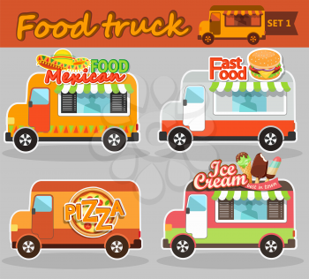 Set of vector illustrations food truck - ice cream, pizza, mexican and fast food.